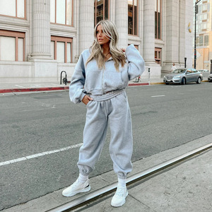 ชุดวอร์มผ้าฝ้ายแบบรูดซิปมีฮู้ดและกางเกงวิ่งชุดวอร์มและมีฮู้ดชุดเสื้อผ้า2ชิ้น - Product Image 1