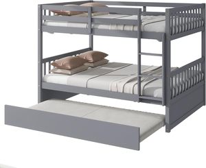 سرير بطابقين كامل قابل للتحويل من الخشب الصلب مع سلم أنيق قضبان أمان رمادي وتصميم تقليدي - Product Image 1