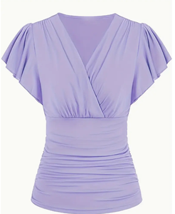 Ropa de primavera y verano para mujer, camiseta fruncida delgada de Color sólido, camiseta elegante de manga corta con cuello de sobrepelliz para mujer de talla grande - Product Image 4