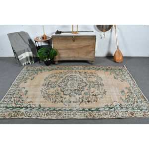 Alfombra de lana turca Vintage Beige y verde 5'1X7'9 diseño de retales de tejido plano alfombra de sala de estar con respaldo de látex 4m de ancho - Product Image 1