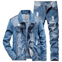 Ensemble de costume en jean pour couple, veste et jean délavés et déchirés, tenue assortie à boutons tendance