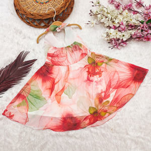 Robe de fête en mousseline de soie sans manches, longueur genou, entièrement cousue, à imprimé floral pêche, pour filles, de la marque Shoryam, pour anniversaire, fête - Product Image 2