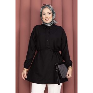 Túnica de Mujer con Botones y Cinturón, Formal, de Popelina, Lino, Viscosa y Algodón, Talla XL Disponible en Negro para Fiestas - Product Image 2
