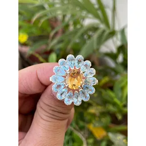 Vintage 925 Silver Cocktail <b>Ring</b> with Citrine & Blue Topaz Gold Plated Metal Gemstone Free Size for Party Crafted in <b>Brass</b> - Product Image 1