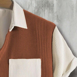 เสื้อเชิ้ตผู้ชายแขนสั้นลายเรียบแบบกระดุม 100% ผ้าฝ้าย สไตล์ทางการ คอเต่า ปักลาย ถัก มีกระเป๋า - Product Image 5