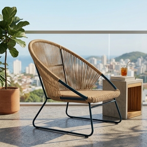 Fauteuil lounge d'extérieur Charlotte Brown tressé, avec structure en métal noir type traîneau et assise en corde, pour aménagement de patio, design artistique et décoratif - Product Image 5