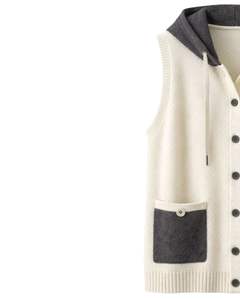 Manufacturer Ivory <b>Hooded</b> Knitted Sweater Vest Wool Acrylic Button Front Sleeveless Winter <b>Cardigan</b> With Contrast Pockets OEM - Product Image 3