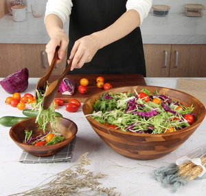 ชุดชามสลัดไม้กระถินเทศขัดเงาขนาดใหญ่ พร้อมชามเสิร์ฟและอุปกรณ์ น้ำหนักเบาและปลอดภัยสำหรับอาหาร - Product Image 6