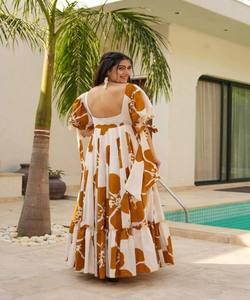 NOUVEL ARRIVÉ RAYON IMPRIMÉ NUMÉRIQUE TRAVAIL UNE PIÈCE ROBE DE FÊTE COULEUR MARRON PRIX DE GROS VÊTEMENT ETHNIQUE - Product Image 3