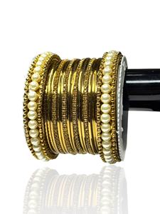 Handcrafted Gold Plated Geometric Trendy <b>Pearl</b> Bangles Set <b>for</b> <b>Women</b> Indian Bridal Anniversary Jewellery - Product Image 1