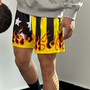 Custom <b>Yellow</b> Black Flame Print Basketball <b>Shorts</b> with Elastic Waist Drawstring Mesh Sportswear - Product Image 6