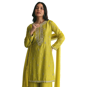Ensemble de palazzo Kurta vert avec broderie de paillettes Vente en gros Vêtements ethniques pour femmes Fabricant d'équipement Fournisseur en vrac Vêtements personnalisés - Product Image 3