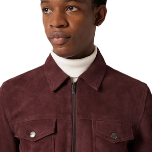 Men's <b>Suede</b> <b>Leather</b> <b>Jacket</b> Dark Brown Zipper Closure Turn-down Collar Casual Autumn Style Regular Fit Pockets - Product Image 4