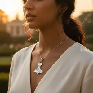 Colgante de Martillo de Thor de Plata de Ley 925 con Piedra Preciosa, Chapado en Oro Rosa y Platino, Amuleto Religioso - Product Image 3