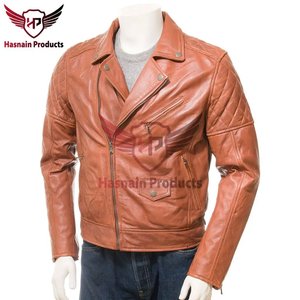 Blouson en cuir pour homme, couleur tan, style motard, matelassé losanges aux épaules, coupe ajustée, en cuir d'agneau véritable, vêtement d'extérieur décontracté pour moto - Product Image 2