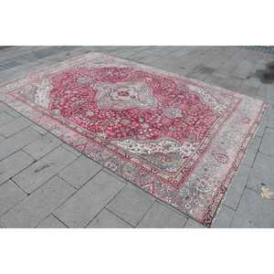 Vintage Turkish Rug, 8.3x12.6 ft Rug, <b>Red</b> Gray Abstract <b>Wool</b> Rug - Product Image 2