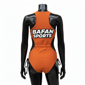 Traje de Baño de Mujer de Alta Calidad en Poliéster y Spandex GSM, Color Naranja y Negro con Paneles Laterales en Contraste, Sublimación con Logotipo Personalizado - Product Image 2