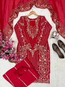 Conjunto de Kurta y Palazzo con bordado rojo hermoso, de manga larga, estilo moderno, traje/vestido Salwar para fiesta, trajes Punjabi para mujer - Product Image 3