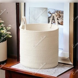 <b>Large</b> Sustainable Cotton Rope Hand Woven Modern Multi-Purpose Storage <b>Basket</b> with Handle for Baby Laundry Clothing Wardrobe - Product Image 3