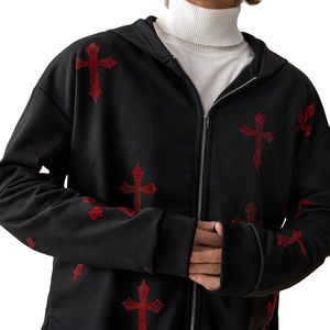 OEM Streetwear Wholesale Zipper Pullover Oversize <b>Black</b> Custom Logo Rhinestone <b>Hoodie</b> for Men Wholesale High Quality Wear - Product Image 1