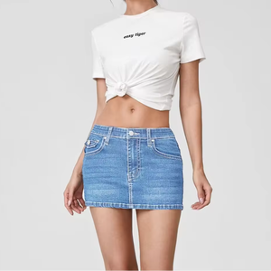 Femmes taille haute décontracté Denim Jean jupe courte délavé léger Type droit ourlet brut poche Y2K dame robe pour l'automne/été - Product Image 6