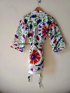Hand Embroidered Suzani Robe Uzbek Suzani Robe Multi Colored Tie <b>Belt</b> Coat Dressing Gown Beach Wear Dress - Product Image 4