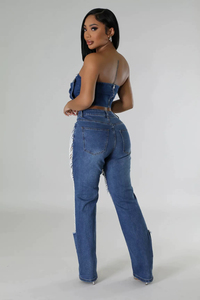 Nouveau pantalon en jean taille moyenne de haute qualité pour femmes à la mode, style droit de grande taille avec chaîne de perles déchirée, design maigre - Product Image 5