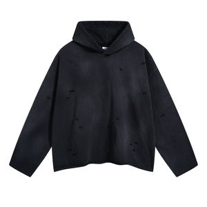 Fabricantes logotipo personalizado hombres lavado ácido de gran tamaño 100% algodón pulóver Sudadera con capucha Crop Boxy Sun Faded Distressed Rip Sudadera con capucha para hombres - Product Image 4