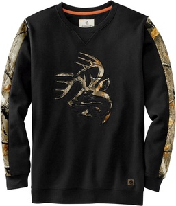 Men's Orange Fleece Crew Neck <b>Pullover</b> Sweatshirt With Camouflage Deer Applique Design Regular Fit Autumn Casual Wear - Product Image 5