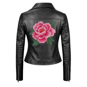 แจ็กเก็ตนักบินขี่จักรยานระดับไฮเอนด์ของแท้สำหรับฤดูหนาวหนังแท้ปักโลโก้ผ้าทอที่ด้านหน้าผลิตในอินเดีย - Product Image 4