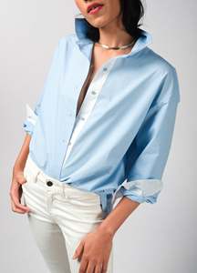 Camisa de Mujer, Azul Claro, Oversize, Manga Larga Raglán, con Botones, Corte Regular, Color Sólido, Tejido de Algodón, Verano, ODM - Product Image 5