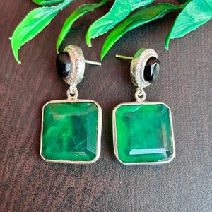Handmade Green Emerald Look Drop <b>Earrings</b> with <b>Black</b> <b>Onyx</b> Stud Silver Plated Square Gemstone Jewelry for Women - Product Image 3