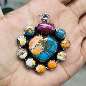 Oyster Cobre Turquesa Plata de Ley 925 Colgante de diseñador hecho a mano Encantos finos con incrustaciones de ajuste de bisel - Product Image 1