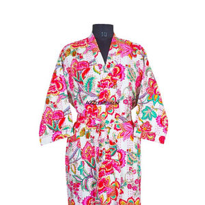 Wholesale Kantha Long Floral Pattern V-neck Drawstring Closure Cotton Kimono Warm Coat <b>Robe</b> for All Sizes Summer Bath Occasion - Product Image 3