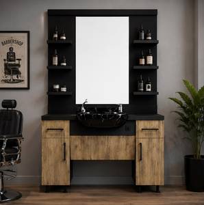 Estación de Trabajo de Barbería Moderna y Lujosa Modelo Decorsall con Espejo Doble, Estantes con Marco de Madera, Encimera de Mármol y Gabinete de Almacenamiento - Product Image 1