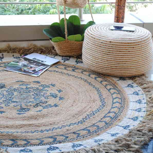 Alfombra redonda bohemia de yute, patrón de diamante geométrico negro y tostado de inspiración tribal, decoración de sala de estar de fibra natural al por mayor - Product Image 3