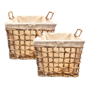 Cesta de almacenamiento de jacinto de agua redonda de bambú de ratán rústico Natural de primera calidad con asas y forro de algodón para decoración del hogar - Product Image 1