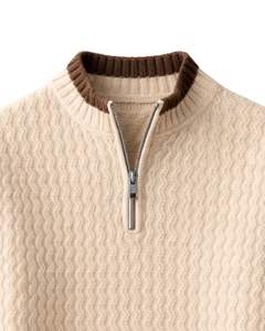 เสื้อสเวตเตอร์ผู้ชายแบบคอซิป 1/4  ผ้าถักเนื้อวาฟเฟิล สีเบจ คอริบ  ให้ความอบอุ่นสำหรับฤดูหนาว สไตล์ลำลอง  รับผลิตตามแบบ OEM - Product Image 4