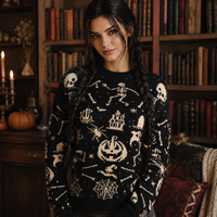 Pull FNJIA pour femme, motif Lune de Récolte, noir, tricot jacquard Halloween, col rond, manches longues, crâne, citrouille, fantôme, vente en gros OEM