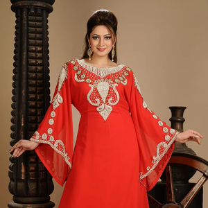 Red Zari Work Stones & Beads Embellish Georgette Estilo islámico Arabian Maxi Partywear Kaftan - Product Image 1