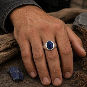 Bague en Lapis Lazuli Naturel Bleu Royal, Pierre Précieuse Ovale 10x14mm, en Argent Sterling 925, Inspirée d'un Chevalière, Massif, Taillée et Polie à la Main - Product Image 1