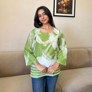 Élégant femmes été hauts manches longues imprimé fleuri coton élégant coupe ample tissé à la mode décontracté élégant couleur hauts - Product Image 1