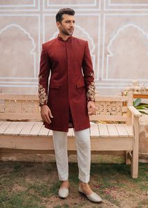 2023 New Trendy Beautiful Gold Zardozi Embroidery on Maroon Silk Sherwani with <b>Pant</b> Dress Plus Size Party-Wear/Wedding Ensemble - Product Image 2