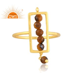 Best Selling Sterling <b>Silver</b> Gold <b>Plated</b> Natural Yellow Tiger Eye Beaded Gemstone Stackable Ring Demi Fine Jewelry Manufacturer - Product Image 3