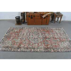 Turkish Area Rug 4.1x7.4 ft, Vintage <b>Red</b> Ikat <b>Wool</b> Rug - Product Image 3