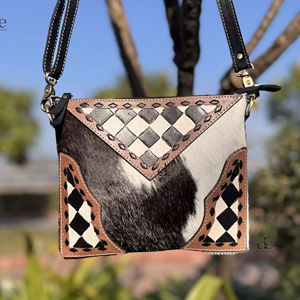 Sac à main en cuir de vachette véritable, dernier cri, motif damier gravé à la main, style bohème vintage, fait main, élégant, sac à bandoulière - Product Image 1