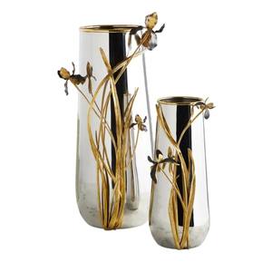 Vase à fleurs exclusif en acier inoxydable avec design floral en laiton doré Iris pour décor d'hôtel artisanat élégant en métal poli - Product Image 1