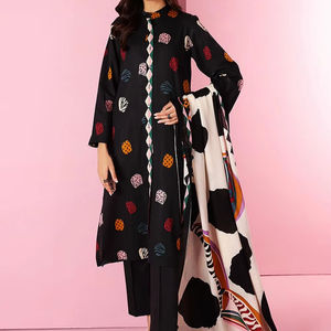 Robe décontractée légère en lin de qualité fine non cousue pour femmes hiver Shalwar Kameez avec tenue de soirée Dupatta - Product Image 1
