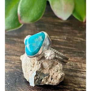 Bague artisanale Navajo en turquoise de Kingman, argent sterling, taille 7.5, plaqué or rose 18 carats, sertissage clos, incrustation, cadeau, sous licence 'IS' - Product Image 4