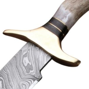 Cuchillo Bowie Hecho a Mano, Hoja de Acero de Damasco, Mango de Cuerno, Refuerzo de Latón, con Funda de Cuero, Cuchillos de Supervivencia. - Product Image 5